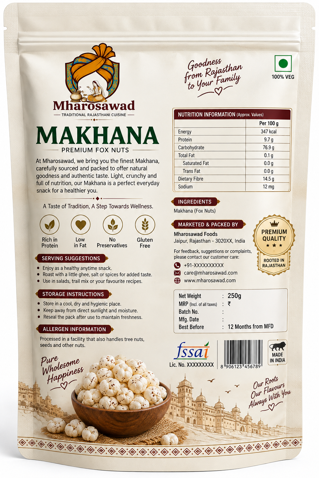 Mharosawad Premium Makhana (Fox Nuts) | 100% Natural, Gluten-Free & Protein-Rich Healthy Snack - 250g