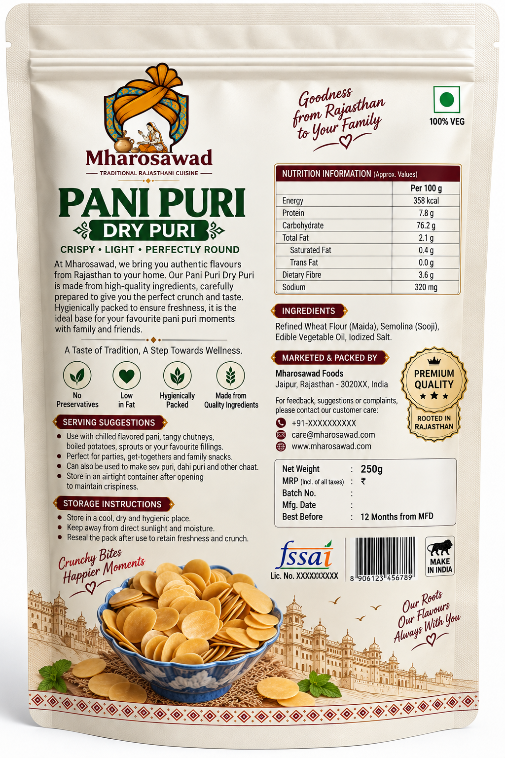 Mharosawad Pani Puri Dry Puri 250g | Ready to Eat Crispy Water Balls | No Preservatives