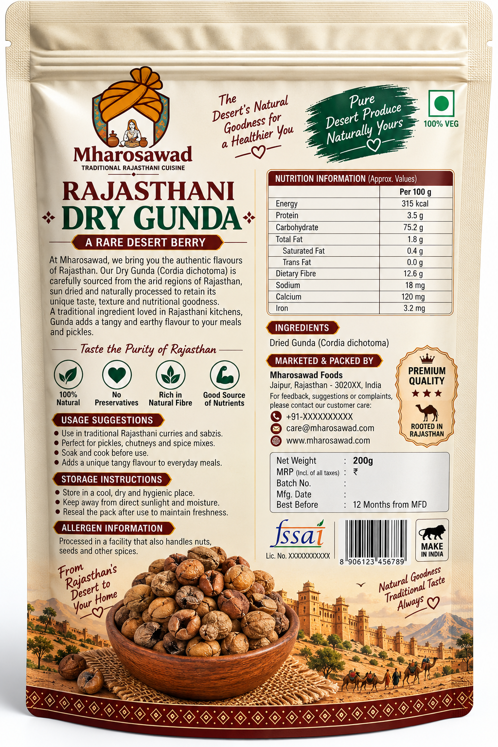 Mharosawad Authentic Rajasthani Dry Gunda | Rare Sun-Dried Desert Berry (200g)