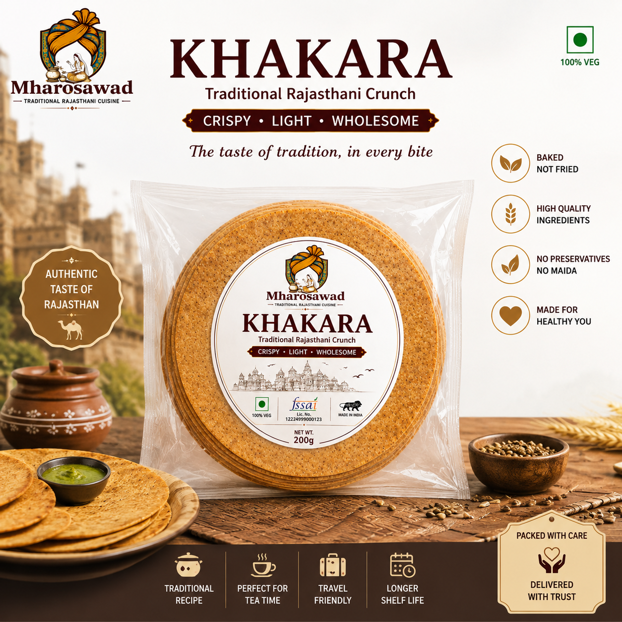 MharoSwad Authentic Rajasthani Khakhra | Crispy Roasted Whole Wheat Snack | 100% Veg | 200g